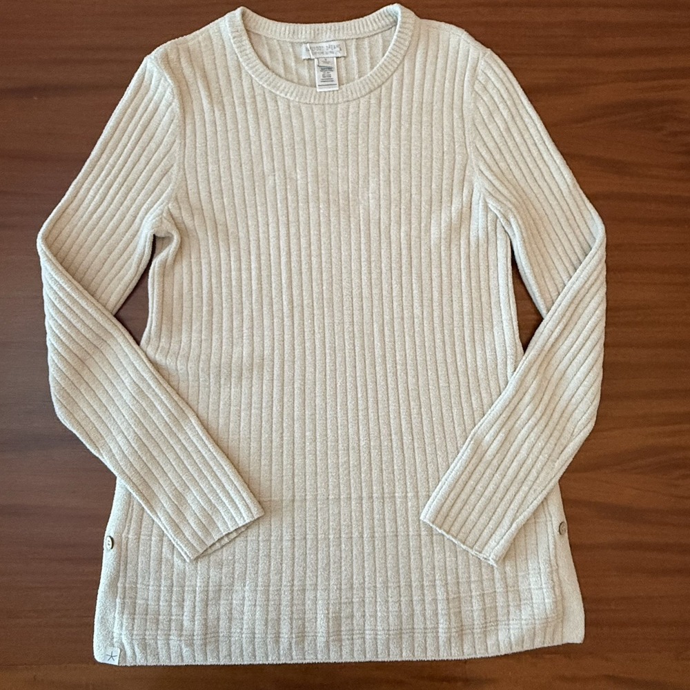 Barefoot Dreams Ribbed Pullover Sweater S Soft Taupe Side Button Tunic Cozy F/W - Picture 7 of 7